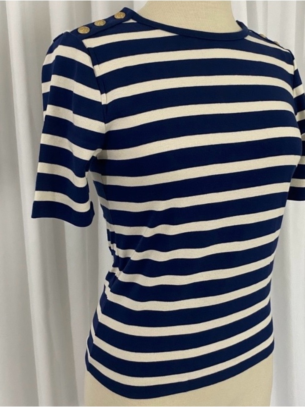 J. Crew Navy and White Striped Short Sleeve Top with Shoulder Buttons - Picture 2 of 4